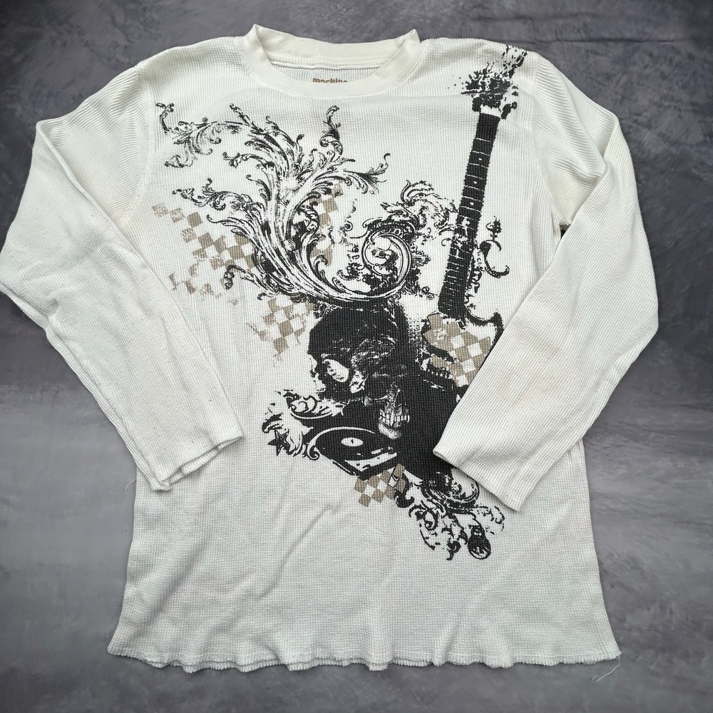 Vintage Machine Skull Guitar Thermal Shirt Mens Medium White Y2K Waffle Knit - Picture 2 of 6